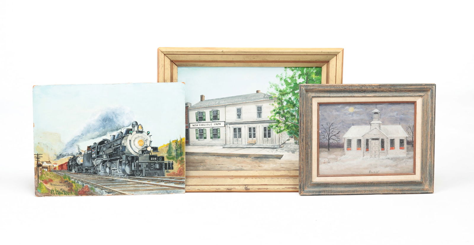 THREE PAINTINGS.: American, 20th Century. Oil on artist board of New Carlisle Inn, New Carlisle, Ohio signed Fox and dated 9 - 12 - (19)87 lower right. 18" h. 24" w. framed 23.5" h 29.5" w., oil on masonite of two stea