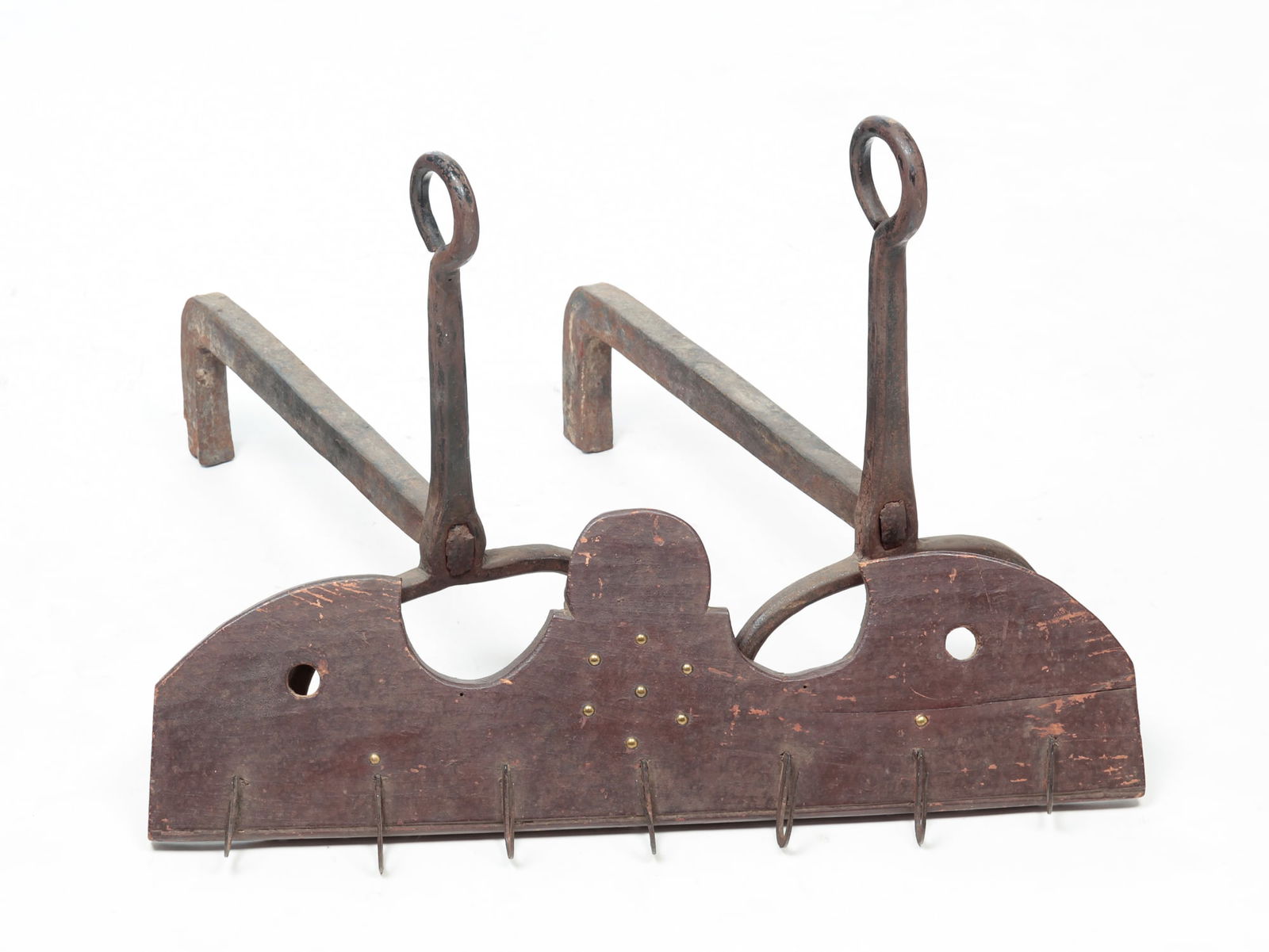 A GAME RACK AND A PAIR OF ANDIRONS. (1 of 4)