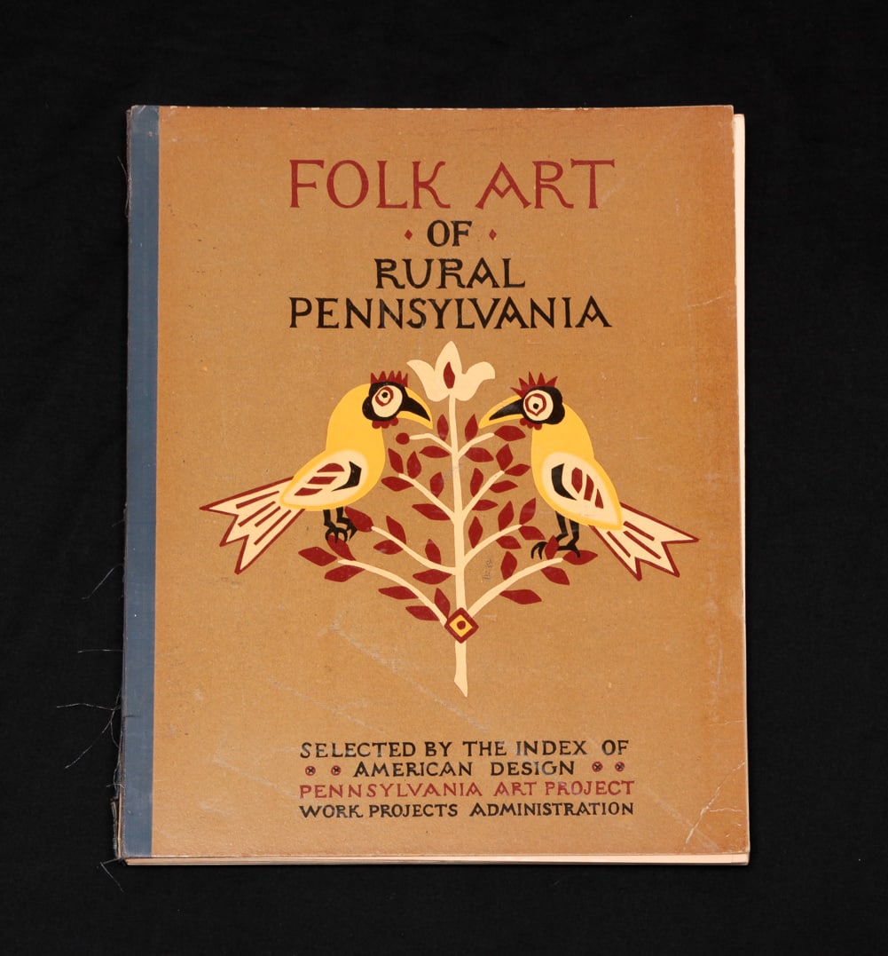 WPA "FOLK ART OF RURAL PENNSYLVANIA" PORTFOLIO.: American, ca. 1940. Front piece and fifteen color screen prints of images taken from various decorative pieces. Toning, cover has some splits. 18.25"h. 14"w.