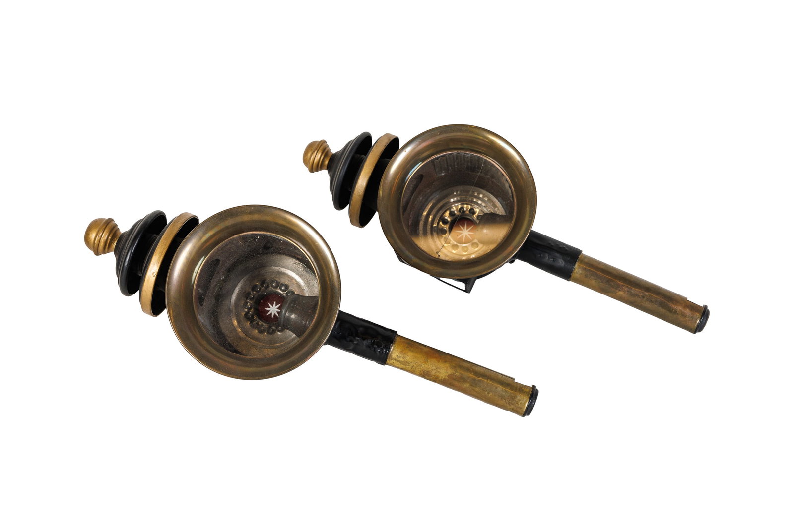 PAIR OF CARRIAGE LAMPS.: American, late 19th Century. Tin and brass with candle fixtures. 18"l. 6.5"w. 6"d.