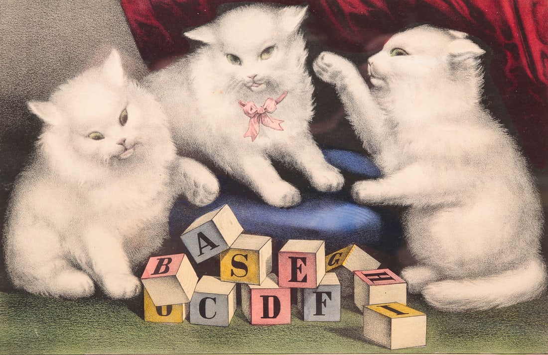 CURRIER AND IVES PRINT, "MY LITTLE WHITE KITTIES". (1 of 4)