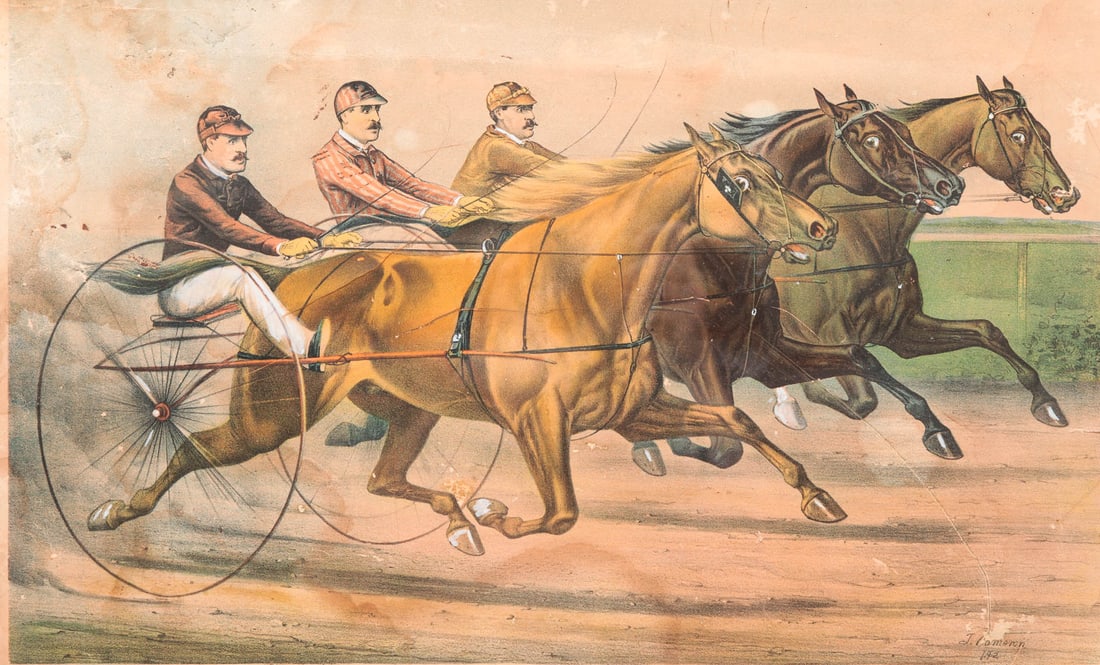 CURRIER & IVES PRINT, "PACING A FAST HEAT". (1 of 5)