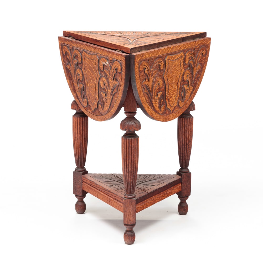 CARVED OAK DROP LEAF STAND. (1 of 8)