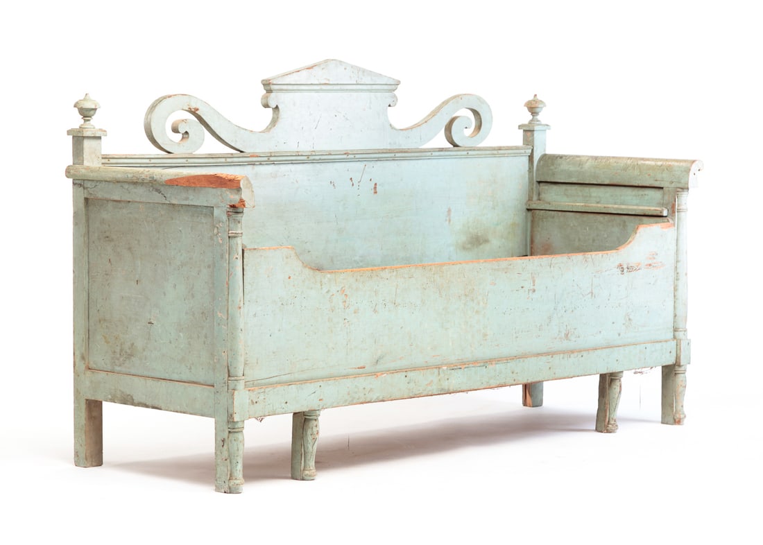 PULL OUT DAY BED.: Sweden, mid 19th Century. Pine. Pegged and mortised construction. Applied half turnings and scrolled pediment back with turned urns, scroll arms and dovetailed pull out front. Original turquoise green