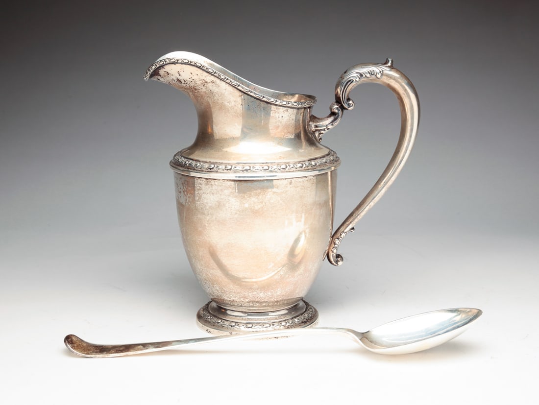 STERLING SILVER PITCHER AND STUFFING SPOON. (1 of 5)