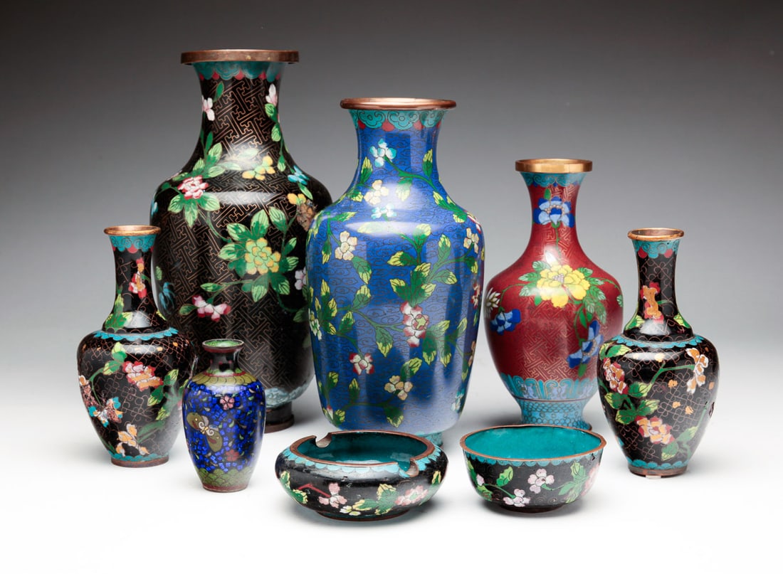 GROUP OF CLOISONNE PIECES.: Asian, 20th Century. Mostly Chinese including cloisonne vases, 3.75" to 10.5"h., a bowl and an ashtray. Varying wear.
