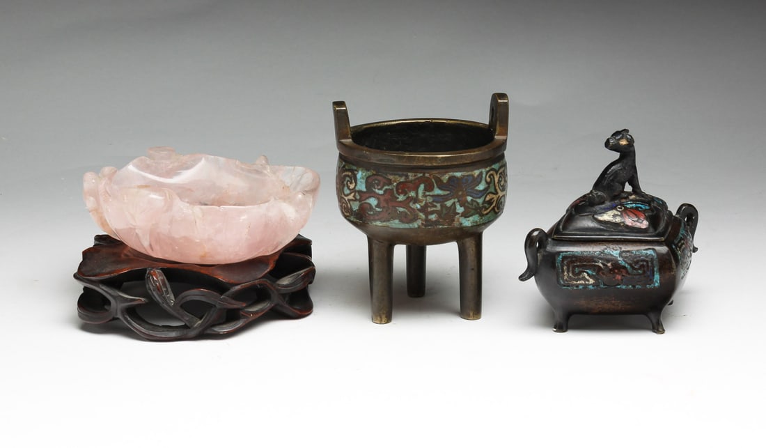 TWO CHAMPLEVE PIECES AND ROSE QUARTZ BOWL. (1 of 6)