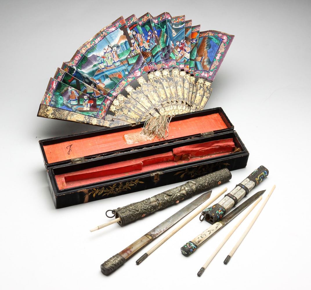 TWO UTENSIL KITS AND A FAN.: Chinese, early 20th Century. Enameled white metal and bone with bone chopsticks and handled knife, 9.75"l. And white metal with shagreen and coral cabochons, bone chopsticks (one missing cap) and antl
