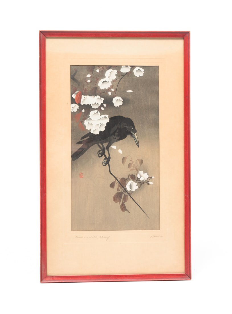 "CROW ON WILD CHERRY" WOODBLOCK PRINT BY KOSON OHARA (1818-1923).: Japanese, 20th Century (circa 1910). Titled and signed on mat. Framed, 20"h. 12"w.