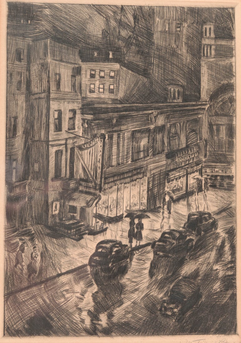 STREET SCENE PRINT BY MORTIMER BORNE (1902-1987). (1 of 4)