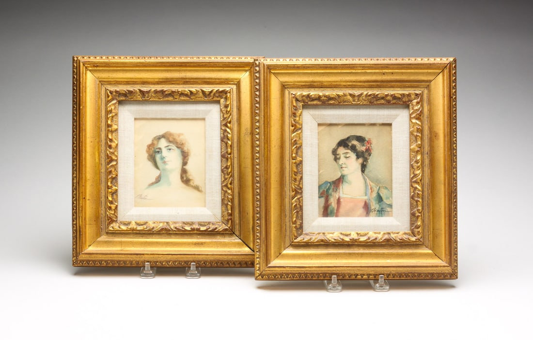 TWO FEMALE PORTRAITS SIGNED BEATON.: 20th Century (circa 1900). Watercolor on paper. A lady with ginger hair and blue eyes and lady with short dark hair and brightly colored jacket. 10.75"h. 9.5"w.