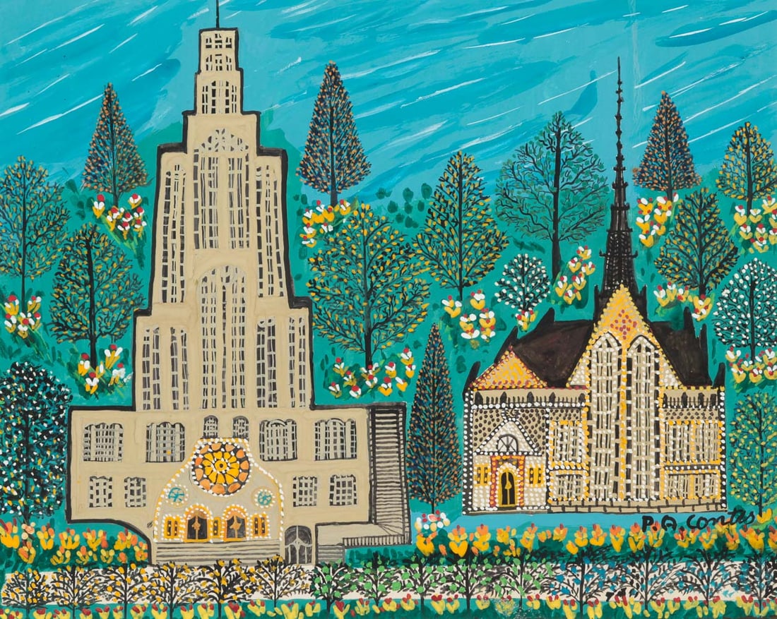 CHURCHES BY PETER A. CONTIS (1890-1973).: Greek/American, 20th Century. Acrylic on paper, signed lower right. Side by side churches and gardens. Matted under glass, 19.25"h. 21.5"w.