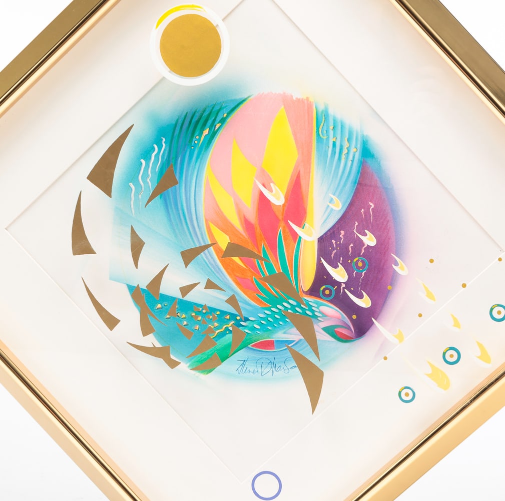 FRAMED STEPHEN D'HANSON ABSTRACT MIXED MEDIA.: American, late 20th Century. "Whirlybird". Colorful abstract hummingbird in vibrant colors. Decorated shadowbox frame. 24.5" square. With COA.