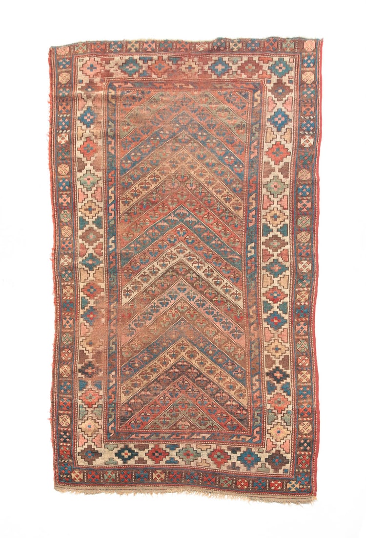 NORTHWEST PERSIAN RUG.: Early 20th Century. Chevron pattern with ivory border. Worn. 4'w. 7'l.
