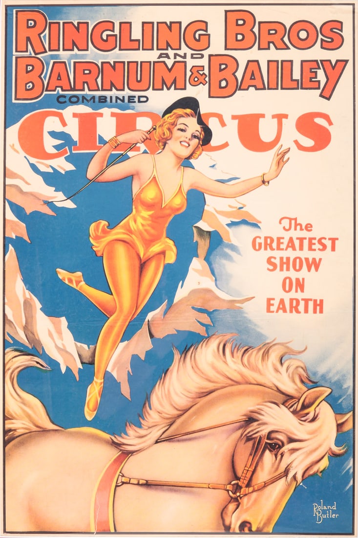 CIRCUS POSTER AFTER ROLAND BUTLER.: Ca. 1930s, color lithograph on paper. Woman on horseback, "Ringling Bros. and Barnum & Bailey". Framed, 39"h. 29.75"w.