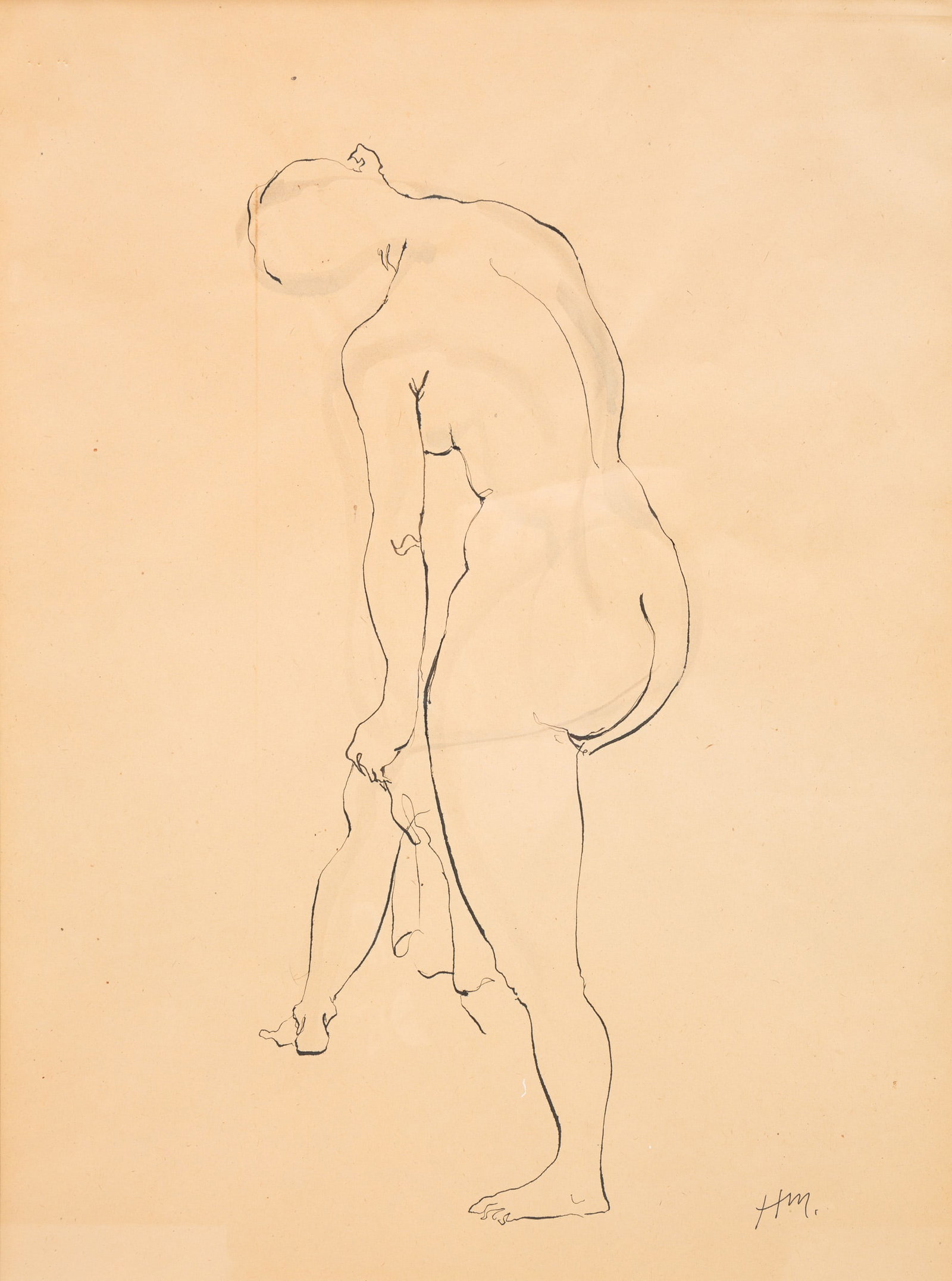 AFTER HENRI MATISSE (1869-1954) "NUDE".: European (France), early 20th Century. Ink on paper, matted and framed. Monogrammed on lower right. Sketch of a nude female. Light toning. 21"h. 15"w. (sight). Frame, 30"h. 24"w.