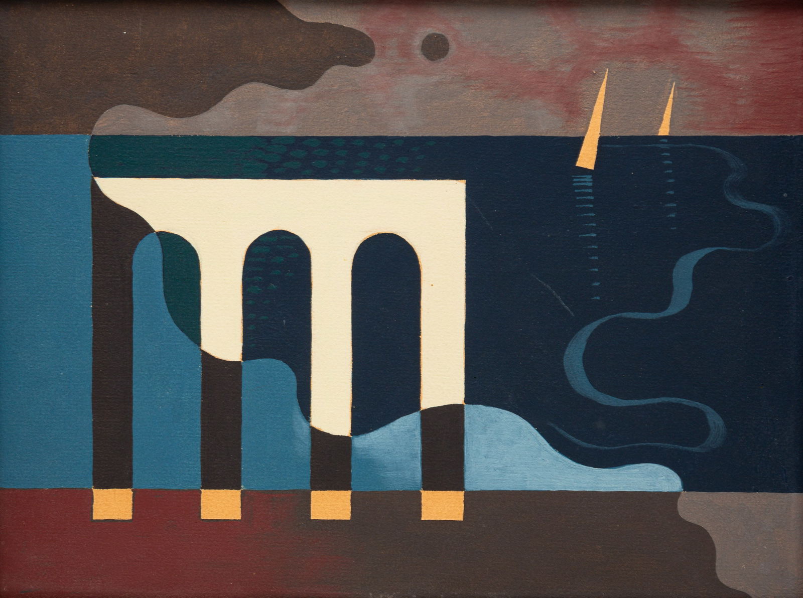 SVEN JONSON (1902-1981) "GUL FORM".: European (Denmark), 20th Century. Oil on artist's board, framed. Abstract view of the coast, with arches in the foreground and sailboats on the water. Signed on verso. 9"h. 11.5"w. (sight). Frame 13.2