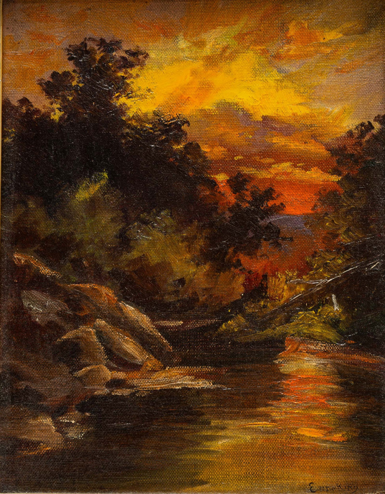 AFTER JOHN JOSEPH ENNEKING (1841-1916) "LANDSCAPE".: American, late 19th Century. Oil on canvas in a period frame. Landscape with creek under a brilliant sunset. Signed on lower right. 11.5"h. 9"w. (sight). Frame, 15.5"h. 13"w.