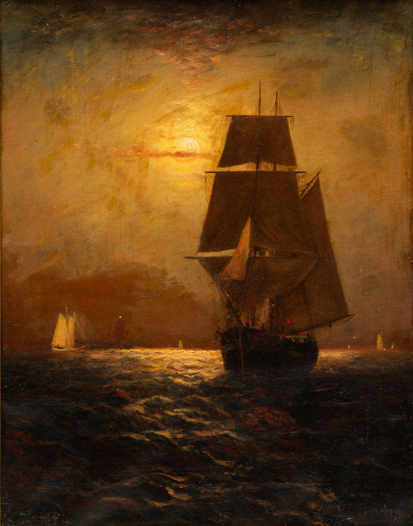 AFTER FRANKLIN DE HAVEN (1856-1934) "SHIP AT SUNSET". (1 of 4)