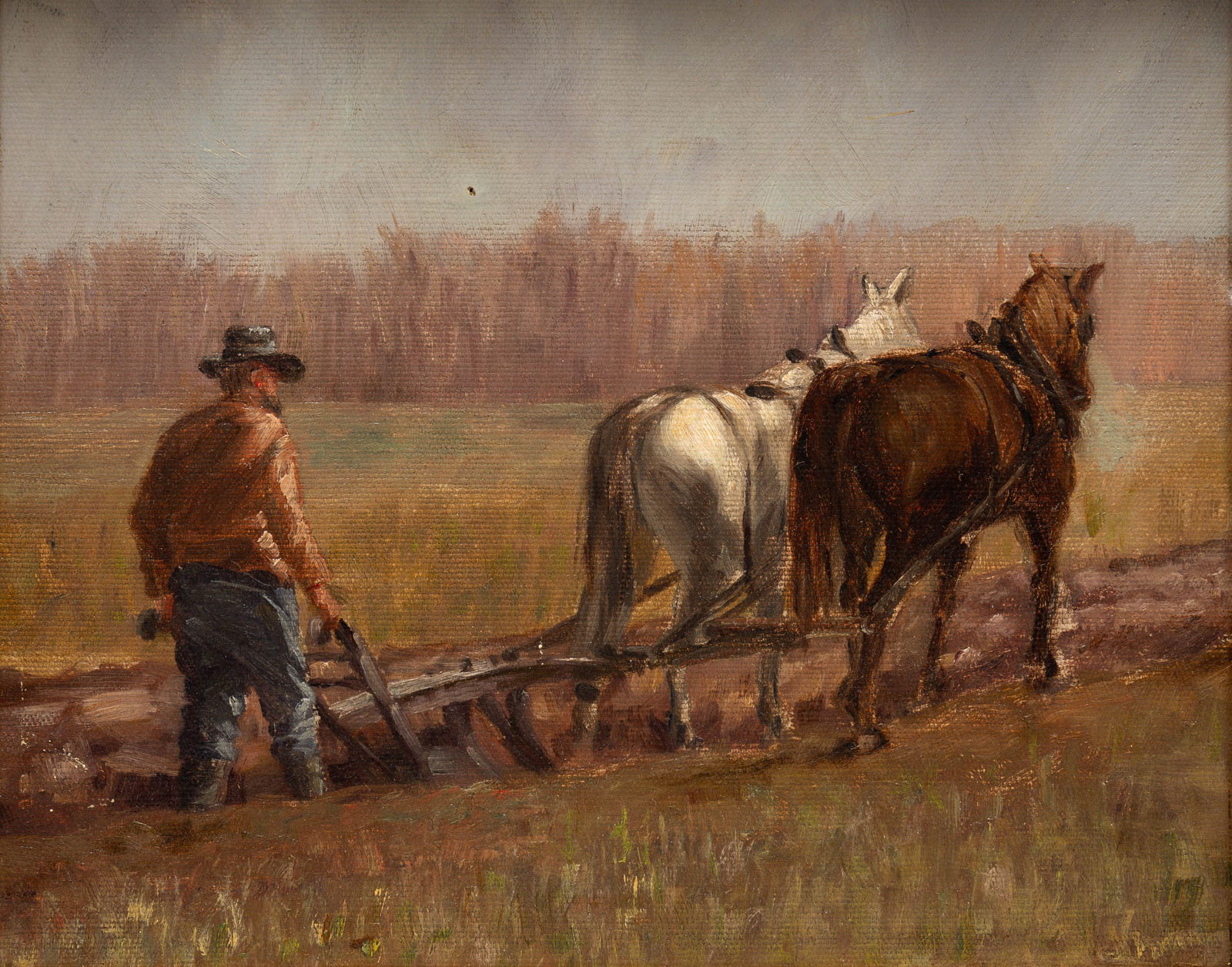 UNKNOWN ARTIST (EARLY 20TH CENTURY) "FARMER WITH HORSES". (1 of 4)