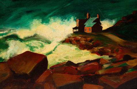 AFTER CHARLES HERBERT WOODBURY (1864-1940) "MAINE COAST".: American, late 19th or early 20th Century. Oil on artist's board in a wood frame. View of crashing waves on a rocky shore with a house in the background. Signed on lower left. 14.25"h. 24.25"w. (image