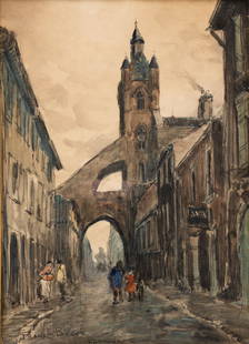 FRANK MYERS BOGGS (1855-1926) "STREET SCENE".: American (Ohio) or European (France), late 19th or early 20th Century. Pastel and watercolor on paper in a gilt frame. View of a dark street with pedestrians under a cloudy sky. Signed on lower left a