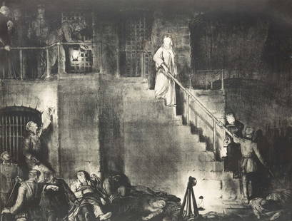 GEORGE BELLOWS (1882-1925) "MURDER OF EDITH COVELL".: American (Ohio), late 19th or early 20th Century. Lithograph on paper, framed and matted. Interior scene with a woman descending stairs and other figures in the room at the bottom. Signed in pencil