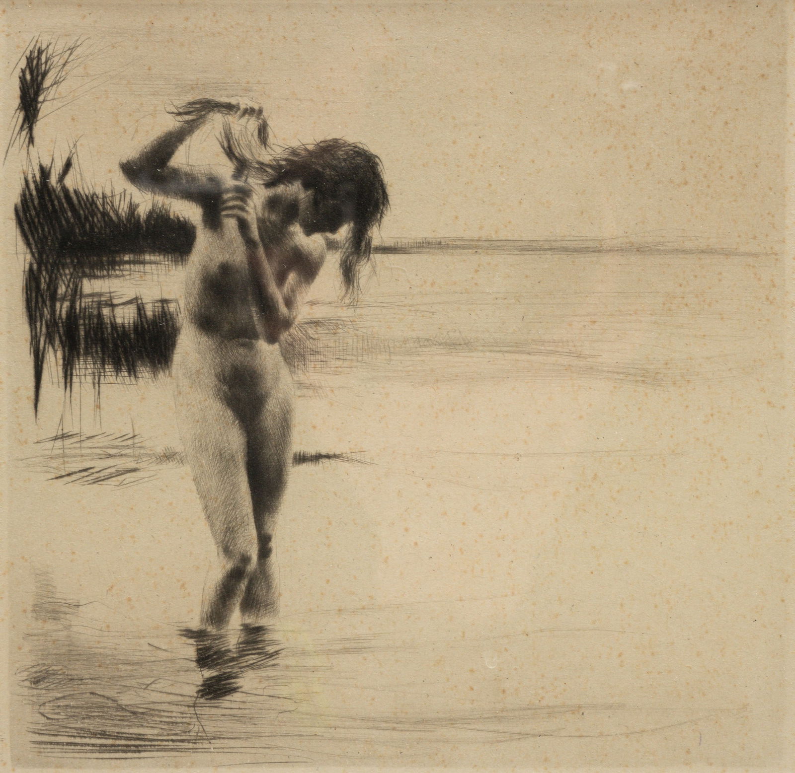 "PORTRAIT OF A BATHING NUDE" ETCHING.: European, early 20th Century, matted and framed. Original image by Carl Joseph Bauer (German,1895-1964). View of a nude woman in the shallows of a lake. Pencil signed "Zorn". Light toning. 6.26"square