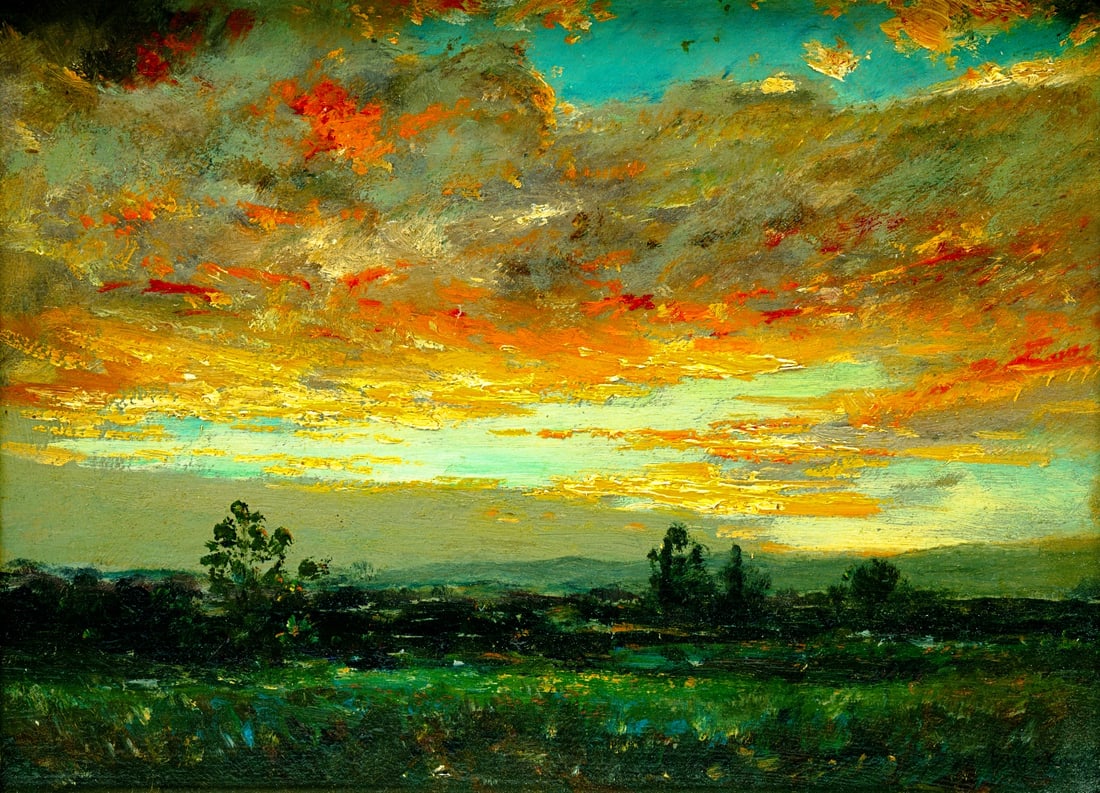 PROBABLY JOHN JOSEPH ENNEKING "LANDSCAPE".: American, late 19th or early 20th Century. Oil on board in a period frame. Sunset over a field of flowers. Signed on lower left. 9.5"h. 13.25"w. (sight). Frame, 13.5"h. 17"w.