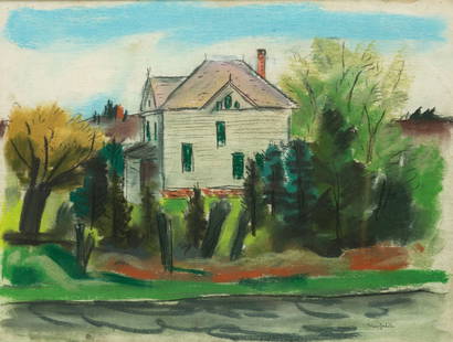 BROR JULIUS OLSSON NORDFELDT (1878-1955) "PORTRAIT OF A HOUSE".: American or European (Sweden), early 20th Century. Pastel on paper, matted and framed. View of a white farmhouse surrounded by trees. Signed on lower right. 11.25"h. 15.25"w. (sight). Frame, 18.75"h.