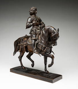 ALFRED BARYE (1839-1882) "SOLDIER ON HORSEBACK".: European (France), third quarter 19th Century. Bronze. Cast medieval soldier or knight on horseback. May be missing reins. Signed in the casting. 11.75"h. 9.5"l.