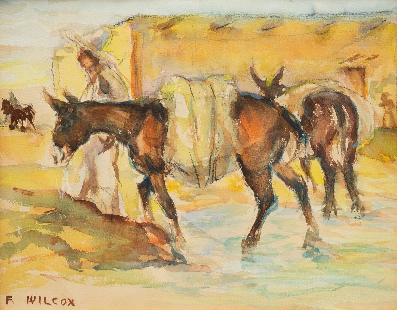 AFTER FRANK NELSON WILCOX (1887-1964) "BURROS".: American, early 20th Century. Watercolor on paper in a restored Hackman frame. Signed on lower left. View of burros in front of an adobe building. 8.75"h. 10.75"w. (sight). Frame, 14.75"h. 16.75"w.