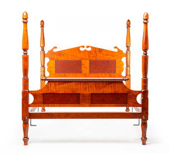 DAVID T. SMITH FOUR POSTER BED.: American (Morrow, Ohio), fourth quarter 20th Century. Tiger maple. In the late Sheraton style, turned posts with acorn finials, scrolled crest headboard with two panels, footboard with turned crest