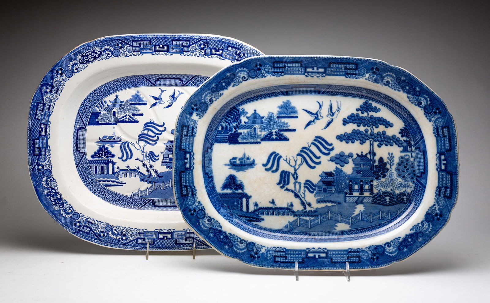 TWO STAFFORDSHIRE "BLUE WILLOW" PLATTERS. (1 of 8)