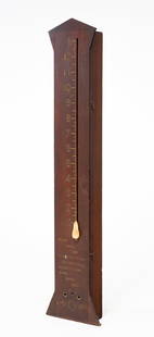 AMERICAN "HICKORY DICKORY DOCK" WALL CLOCK.: Circa 1900. Mahogany. Tall slender case with brass numbers, white carved mouse and gold painted verse and decoration. Original alligatored finish. 43"h. 9"w. 3.5"d.