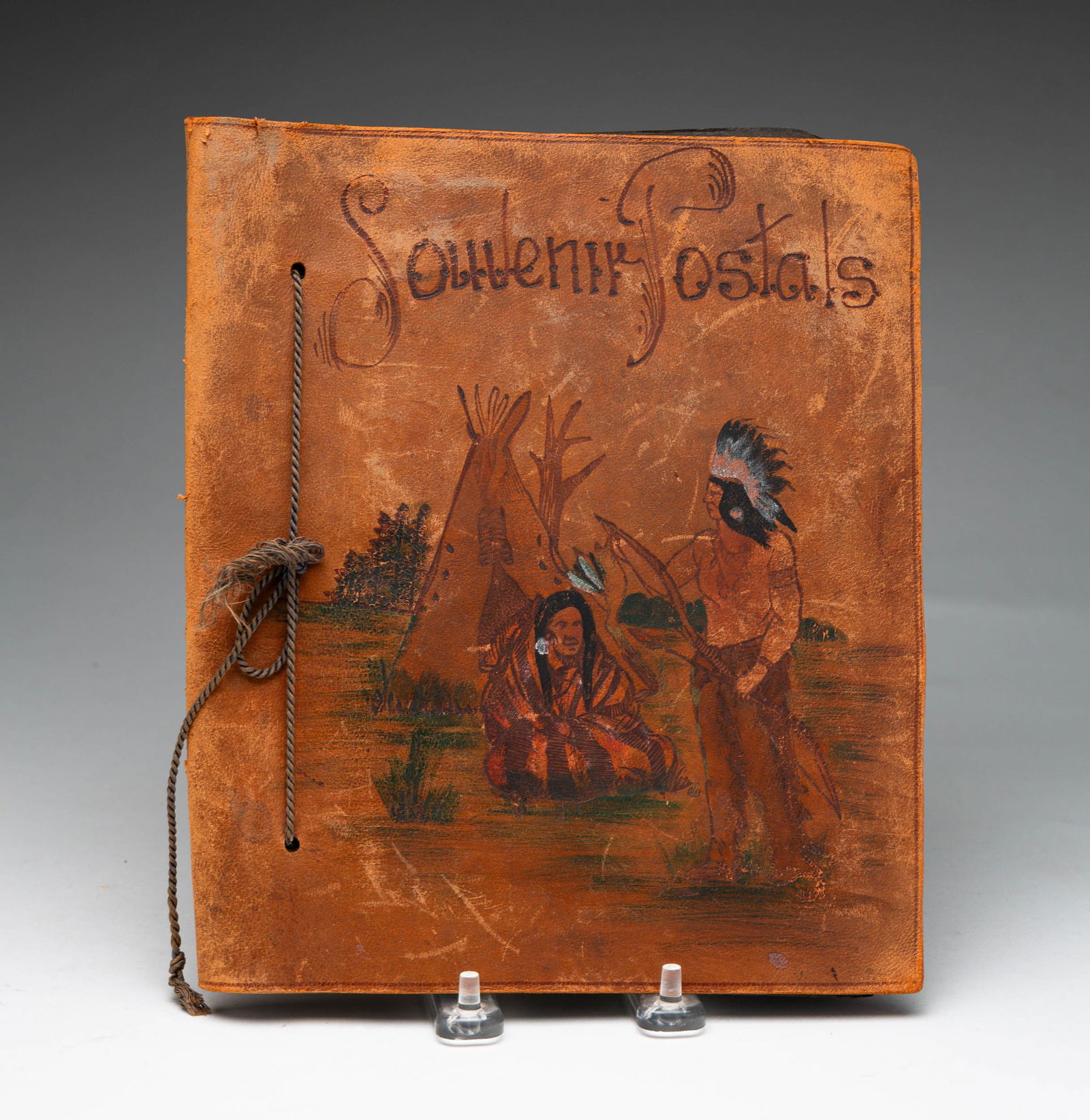 VINTAGE LEATHER NATIVE-AMERICAN AND BULL FIGHTING POSTCARD ALBUM. (1 of 11)