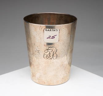 STERLING SILVER BEAKER BY HESTER BATEMAN.: England, late 18th Century. Hester Bateman with London date mark for 1789. Monogrammed. 3.5" h. Approx. 3.6 ozt.