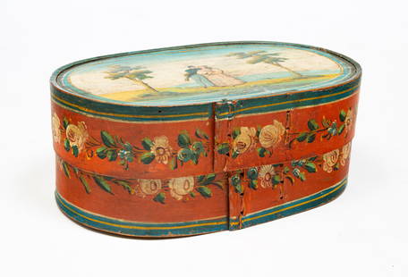 PAINT DECORATED BRIDE'S BOX.: European, 19th century, pine. Bentwood oval box with laced seams and decoration in original paint. Courting scene. Wear.