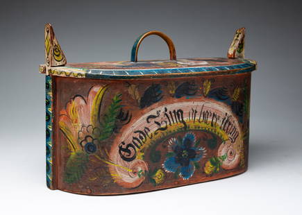 DECORATED BENTWOOD BOX.: European, ca. 1883. Pine. Oval bentwood box with lacing on one side, wood spring latches and lid with bentwood handle. Original floral decoration on a dark red ground. Dated "1883". 8.5"h. 12.75"w. 7.