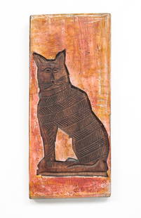 PRIMITIVE CAT COOKIE BOARD.: American, 19th Century. 15.25"h. 7"w.