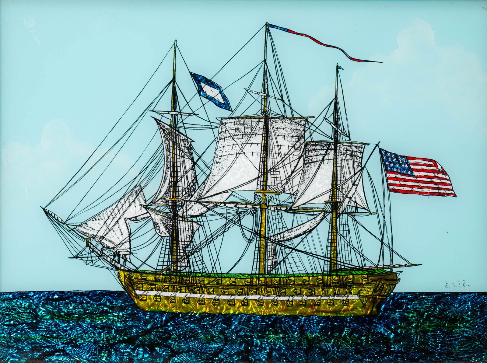 REVERSE PAINTED AND COLORED FOIL PICTURE SIGNED "E. SICLY". (1 of 6)