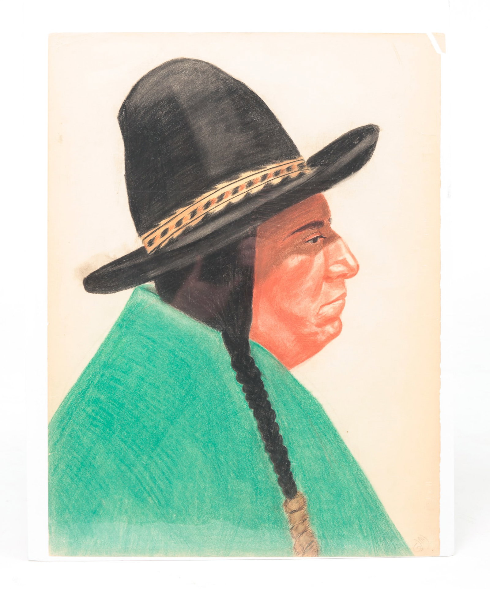PASTEL PORTRAIT OF UMATILLA MAN WITH HAT.: Native American, 20th Century. Pastel of Umatilla man with hat. Notation on the signed lower right corner. Top right corner of artist paper has tear. 18"h. 23.5"w.