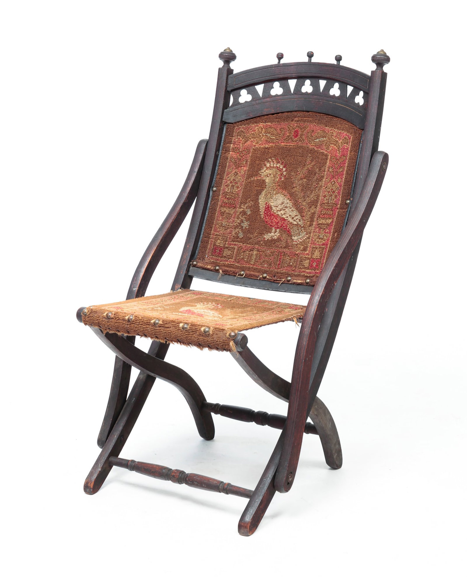 CIVIL WAR CARPETBAGGER CAMPAIGN CHAIR.: American, 19th Century. Exotic crested head bird. Retains original brass carpet tacks and working folding mechanism. 16" seat height, 33.5"h.