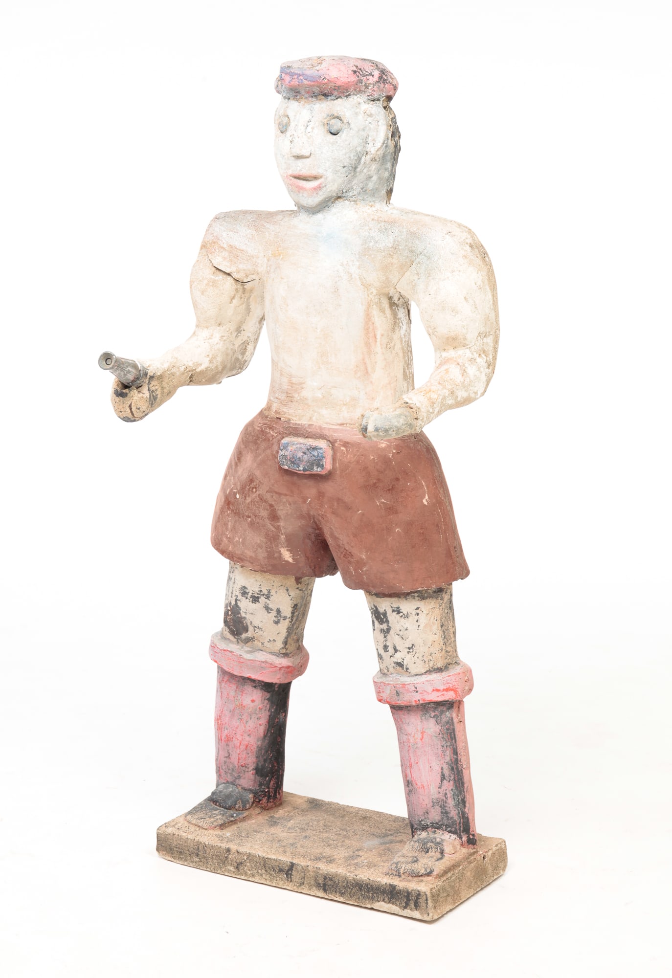 FOLK ART LAWN SCULPTURE OF A BOXER.: American, circa 1930 - 1960. Pipe is inside concrete figure and is adapted for watering garden or yard. 36"h.