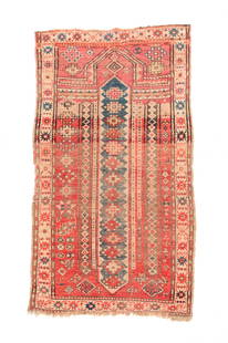 CAUCASIAN PRAYER RUG.: First quarter 20th century. Abrash red ground. Wear and some loss. 3'2" x 5'8".