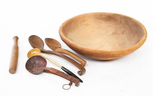 SIX PIECES OF WOODEN KITCHEN WARE.: American, 19th Century. Large turned bowl, pine with rolled lip. Some wear. 5.75"h. 21" dia., four dippers and a pestle. Part of the Bruce & Vivalyn Knight Collection.