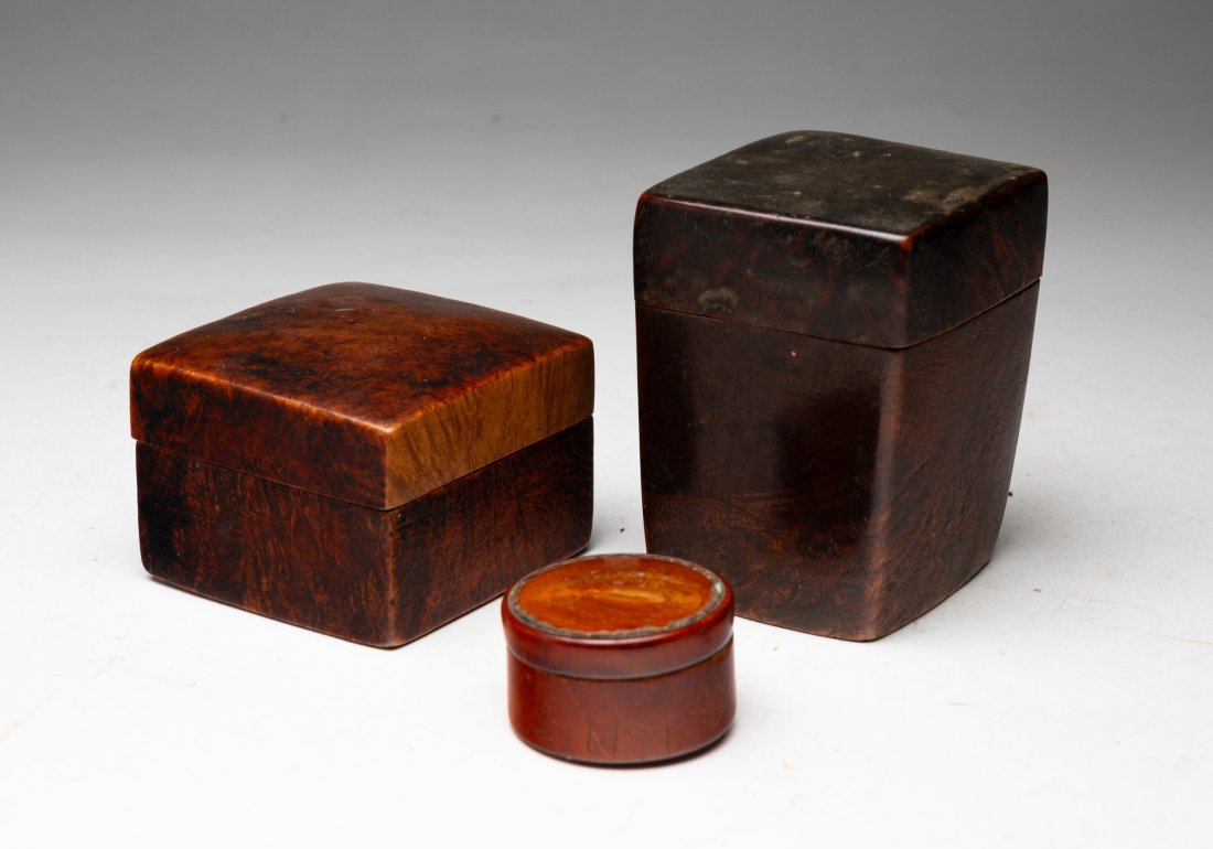 THREE BURL WOOD BOXES. (1 of 2)