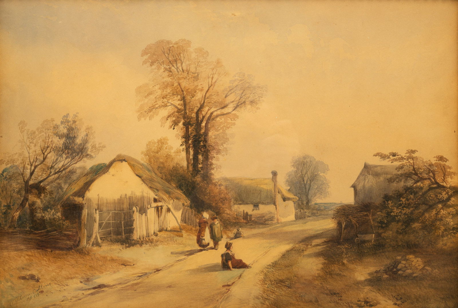 WILLIAM COLLINS (1788-1847) "COUNTRY ROAD".: European (England), 1830. Watercolor on paper in a period frame. Road through a farming community in Europe. Signed and dated on lower left. Toning, 25"h. 31"w. with frame.