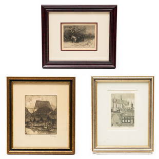 THREE ETCHINGS.: Winter Scene by James David Smillie, American, 1881, plate signed and dated lower left. 11"h. 13"w., framed. "View of Borga, Finland", Swedish, early-mid 20th Century, titled and illegibly signed belo