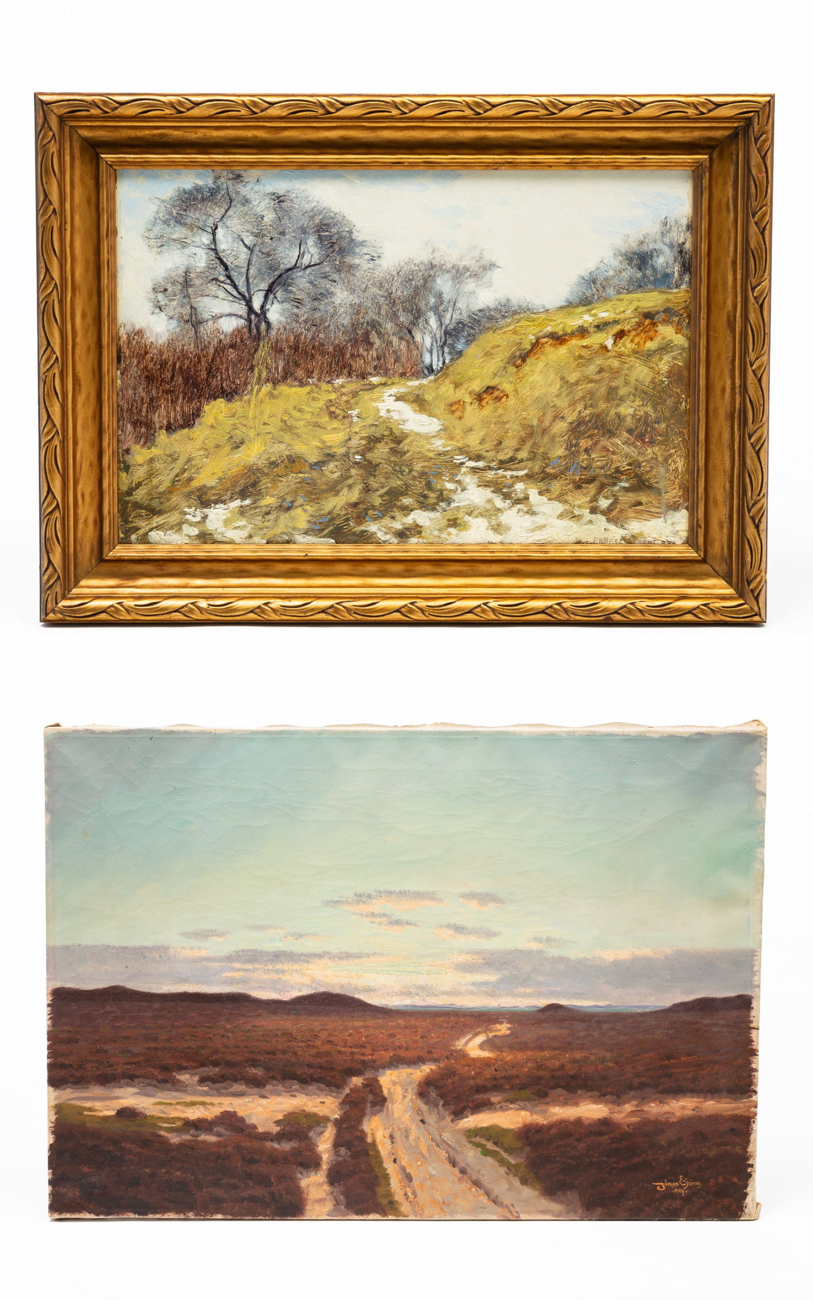 TWO LANDSCAPES.: Desert Landscape by Jorgen Ejsing (1889-1954), European (Denmark), 1924. Oil on canvas, signed and dated lower right, 18.5"h. 27"w., framed. Country Landscape possibly by Ernest Albert, American (NY/C